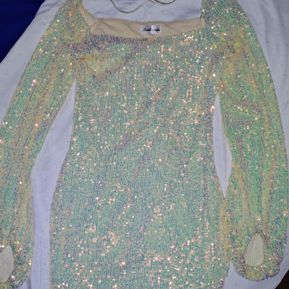 Emerald Sundae Mint & Cream Sequin Puff-Sleeve Mini Dress